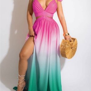 Sexy Gradient Print Hollow Out Long Dress